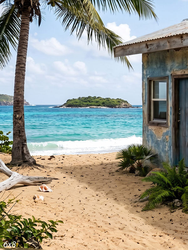 Weathered beach shack with a rusty roof beside white sand, a leaning coconut palm and a turquoise bay with a small islet, a scenic photography backdrop.
