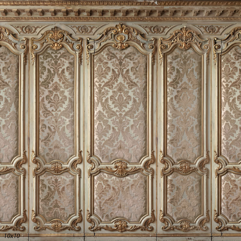 Wider view of the ivory-and-gold damask wall paneling, showing more of the gilded panels and molding, a formal photography backdrop.