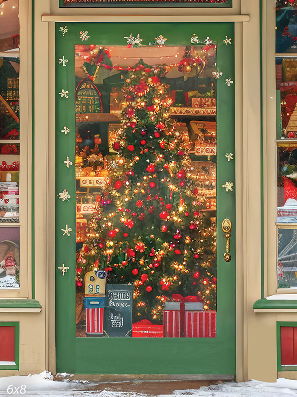 Charming Christmas Storefront Backdrop - Charming Christmas storefront display featuring a beautifully decorated tree with red and gold ornaments, twinkling lights, wrapped gifts, and holiday decorations visible through a large glass window, framed with green accents and delicate snowflakes.