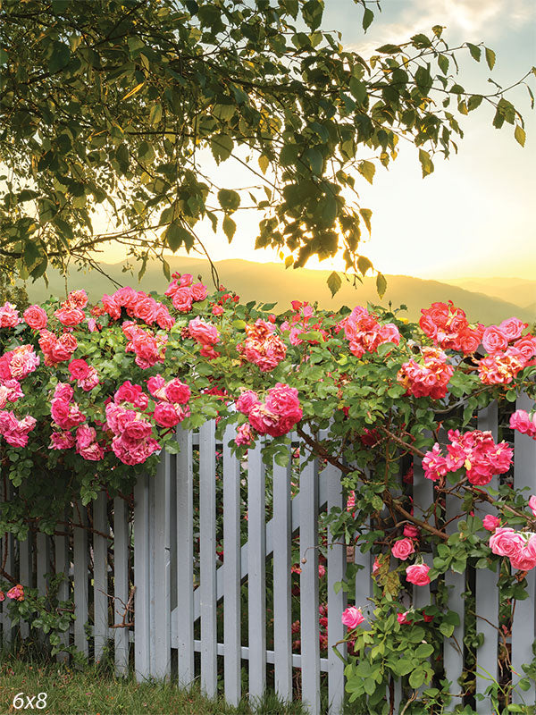 Charming Garden Photography Backdrop with White Picket Fence and Pink Roses - White picket fence with vibrant pink roses under a lush green tree, set against a backdrop of rolling hills and a warm sunrise or sunset.