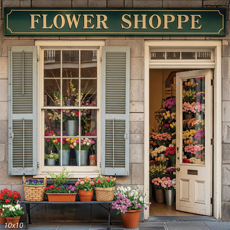 Cheery flower shop scene backdrop with tulips, roses, and rustic textures for family sessions.