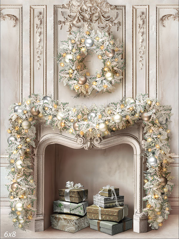 Christmas Baroque Fireplace Backdrop - Christmas Baroque Fireplace photography backdrop featuring an ornate fireplace with garland and wreath, surrounded by elegantly wrapped presents.