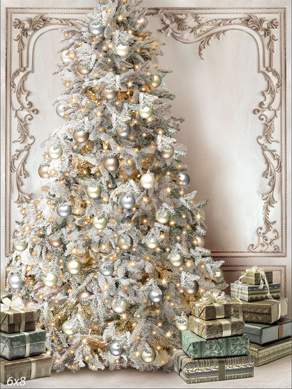 Christmas Baroque Tree Backdrop - Luxurious Christmas tree with silver and gold ornaments set against an intricate Baroque-style background, perfect for holiday photoshoots.