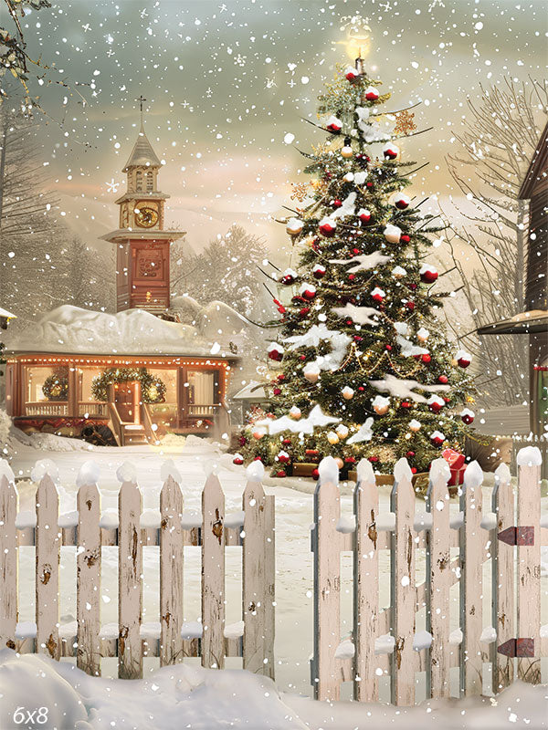 Christmas Country Square Photography Backdrop - Snow-covered country square with a decorated Christmas tree, clock tower, and wooden cabins, perfect for holiday photoshoots.