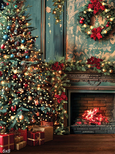 Christmas Faded Victorian Photography Backdrop - Victorian-style Christmas backdrop with a decorated tree, fireplace, garlands, wreaths, and wrapped presents, ideal for holiday photography.