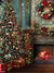 Christmas Faded Victorian Photography Backdrop - Victorian-style Christmas backdrop with a decorated tree, fireplace, garlands, wreaths, and wrapped presents, ideal for holiday photography.