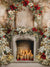 Christmas French Country Photography Backdrop - French country Christmas backdrop with a decorated fireplace, lush garlands, red poinsettias, and snow-dusted Christmas trees, ideal for holiday photography.