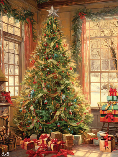 Christmas Holiday Grand Tree and Presents Backdrop - A cozy room with a beautifully decorated Christmas tree, surrounded by wrapped gifts, warm light streaming through large windows with snowy scenery outside, and festive garlands adorning the windows.