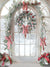 Christmas Peppermint Door Photography Backdrop - Frosted arched door decorated with snow-dusted garlands, festive wreaths, and red and white bows, ideal for photography backdrops.