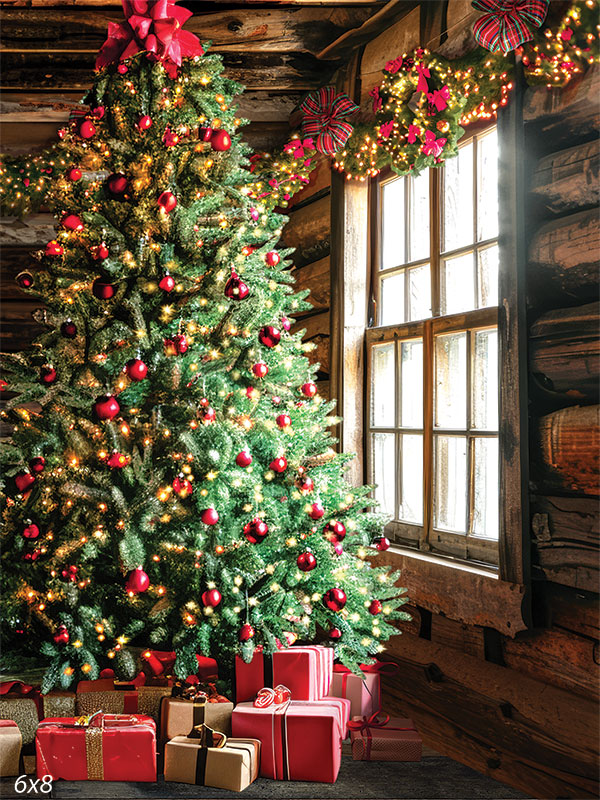 Christmas Rustic Cottage Photography Backdrop - Rustic Christmas cottage backdrop with a decorated tree, twinkling lights, red ornaments, and a large window adorned with festive garlands and presents.