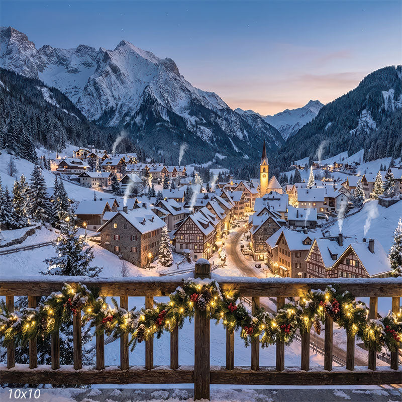 Christmas alpine village studio background at dusk with mountain view CP-8892