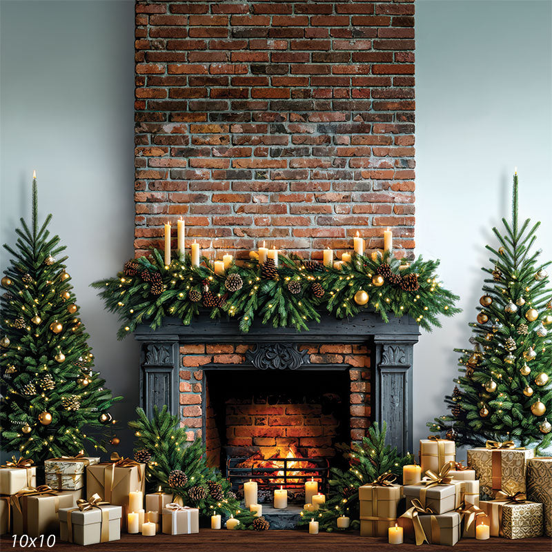 Christmas brick fireplace studio background with trees and gifts CP-8881