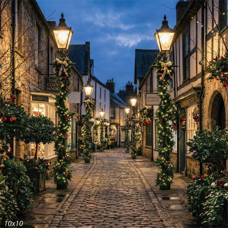Christmas cobblestone street studio background with village shops CP-8883