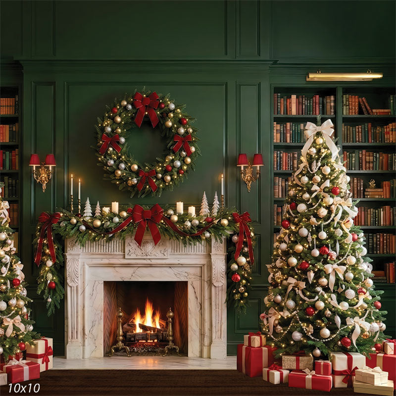 Christmas fireplace studio background with green room and wreath CP-8884