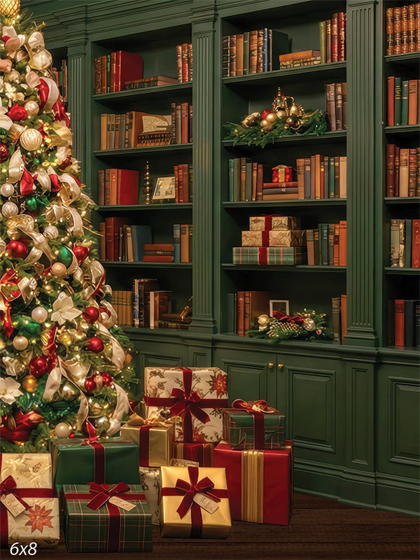 Christmas library green bookshelves photography backdrop CP-8882