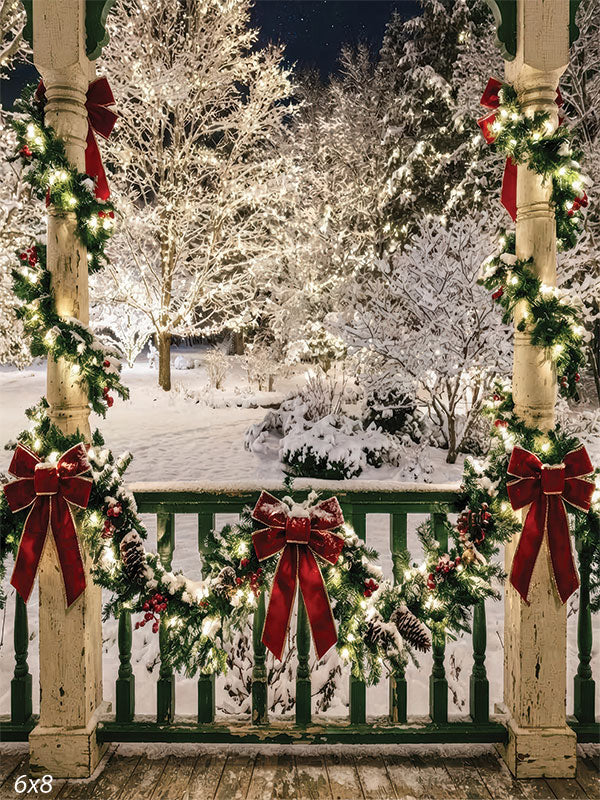 Christmas night porch red bow garland photography backdrop CP-8879