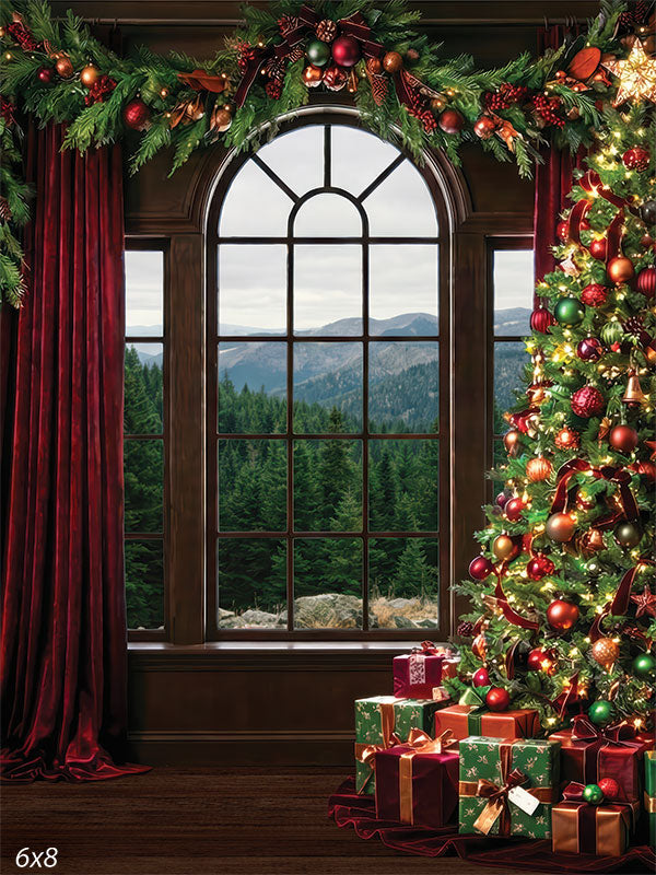 Christmas room arched window forest view photography backdrop CP-8893