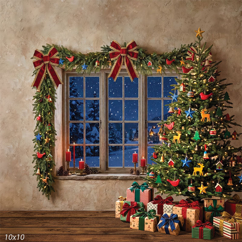 Christmas room with garland window tree and presents photography backdrop CP-8895