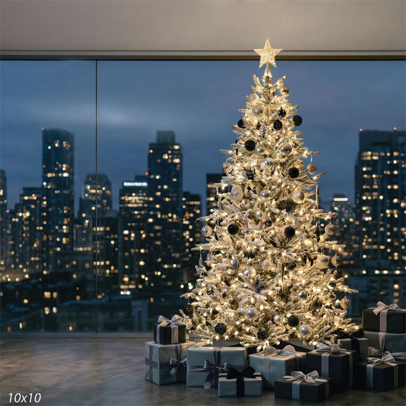 snow flocked christmas tree city night skyline studio backdrop CP-8894