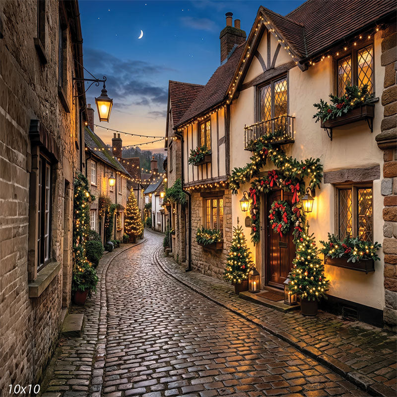 Christmas village cobblestone lane studio background at twilight CP-8880