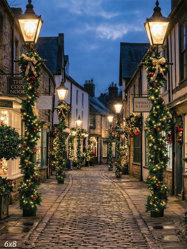 Christmas village street lit lamp posts photography backdrop CP-8883