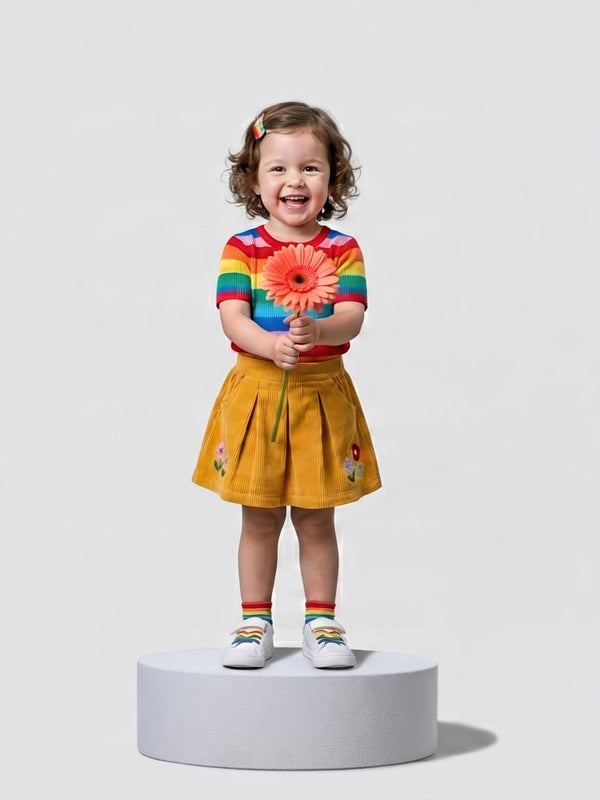 A single circular foam posing pedestal used as a studio riser, with a toddler girl in a rainbow top and mustard skirt holding an orange daisy while standing on the platform.