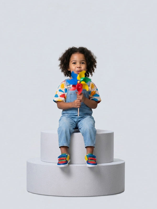 Two stacked circular foam posing pedestals used as studio seating, with a young boy in denim overalls holding a colorful pinwheel while seated on the lower tier.