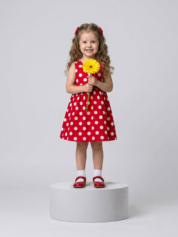 A single circular foam posing pedestal used as a studio riser, with a young girl in a red polka-dot dress holding a yellow daisy while standing on the platform for a children's portrait.