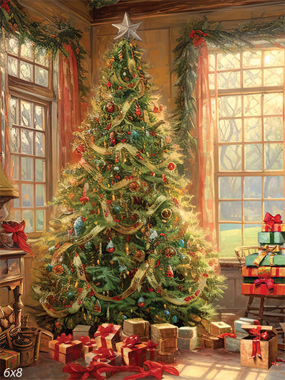 Classic Christmas Morning Backdrop - A warm and festive Christmas morning scene featuring a beautifully decorated Christmas tree with traditional ornaments, surrounded by colorful wrapped gifts, set in a cozy room with large windows and garlands with red bows.