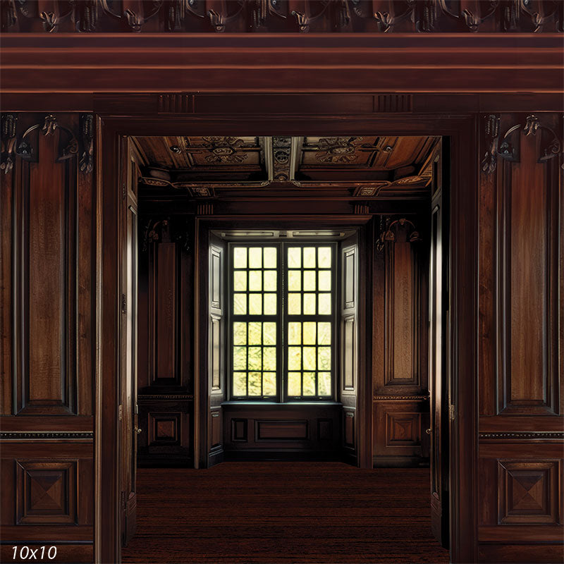 Classic dark wood panel photography backdrop featuring rich, intricately carved wood detailing, a grand window, and an elegant atmosphere for refined portraits and editorial shoots.