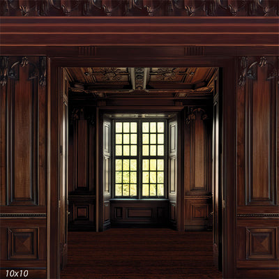 Classic dark wood panel photography backdrop featuring rich, intricately carved wood detailing, a grand window, and an elegant atmosphere for refined portraits and editorial shoots.