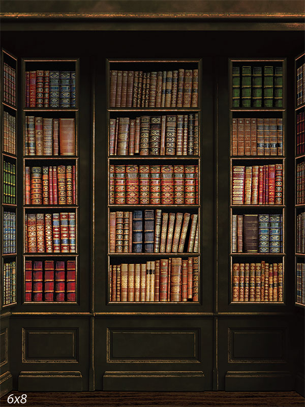 Classic Library Bookshelf Photography Backdrop - Classic library bookshelf photography backdrop with dark wooden shelves and antique books.