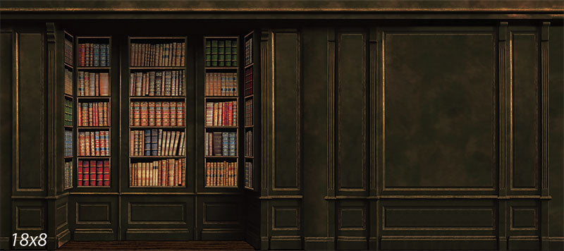 Classic Library Paneled Wall Photography Backdrop - Classic paneled wall and bookshelf photography backdrop with dark wood tones and antique books.