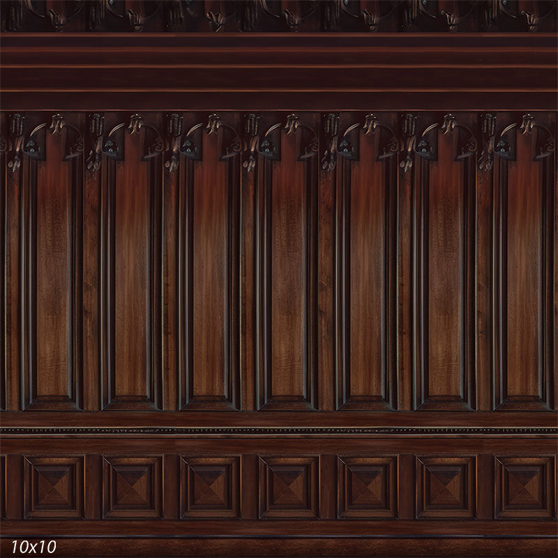 Classic wood-paneled backdrop with deep mahogany tones, intricate carvings, and geometric paneling, ideal for refined photography settings and historical themes.
