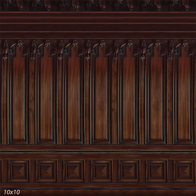Classic wood-paneled backdrop with deep mahogany tones, intricate carvings, and geometric paneling, ideal for refined photography settings and historical themes.
