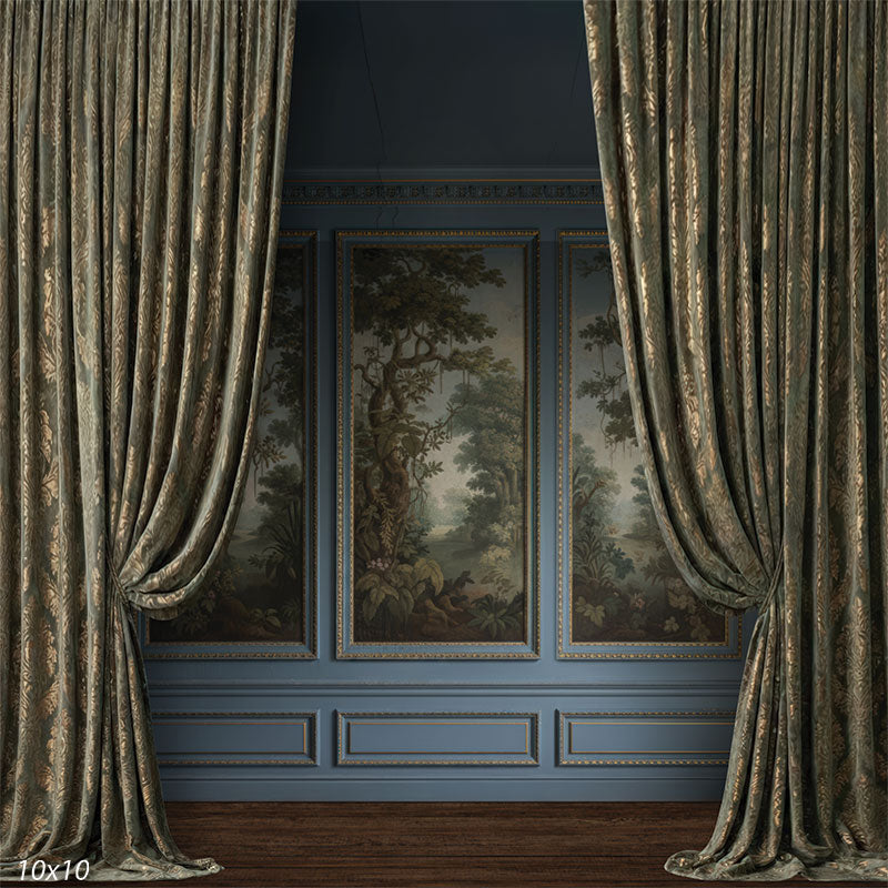 Studio background with symmetrical draped curtains, framed scenic wall panels, and a painted-look landscape designed to sit behind a person in studio portraits.