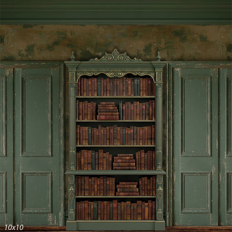 Studio background featuring a central decorative bookcase, aged green wall panels, and a painted-look library interior for portraits.