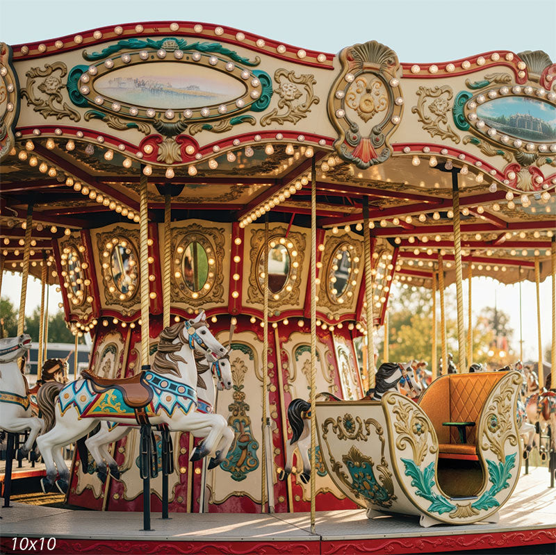 Photography backdrop depicting a classic carousel with nostalgic design elements, ideal for vintage-themed and seasonal fall sessions.