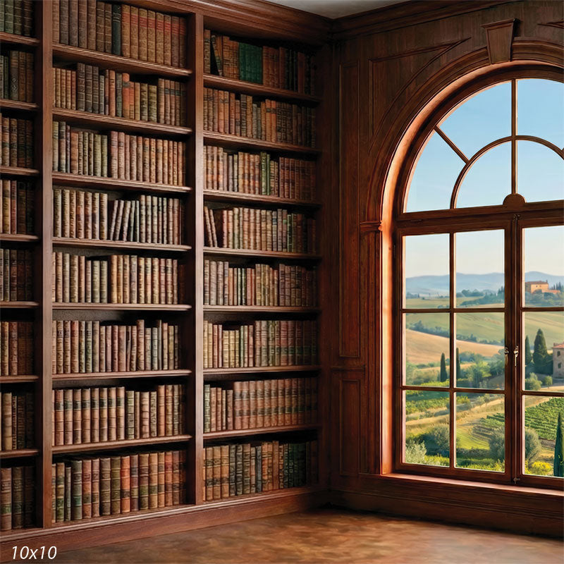 Studio background featuring a dark wood bookcase wall and arched window detail for portrait photography with a subject positioned in front.