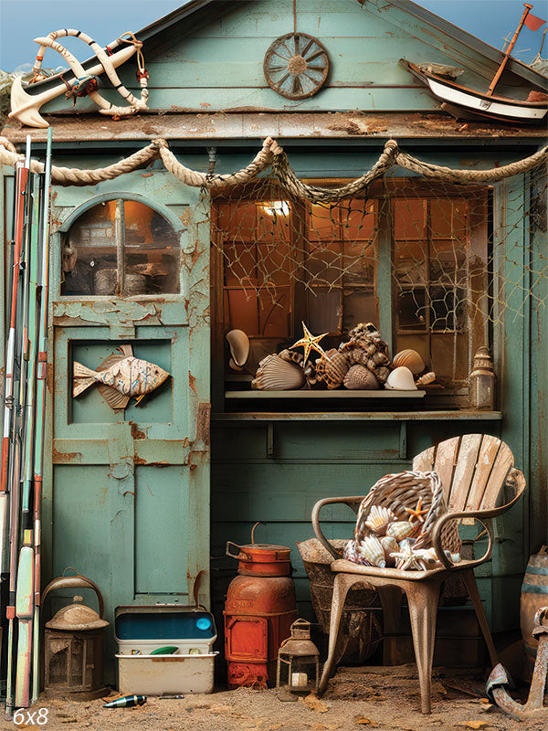 Coastal Fisherman's Shack Photography Backdrop - Coastal fisherman's shack photography backdrop with weathered wood and nautical decorations, perfect for seaside-themed photoshoots.