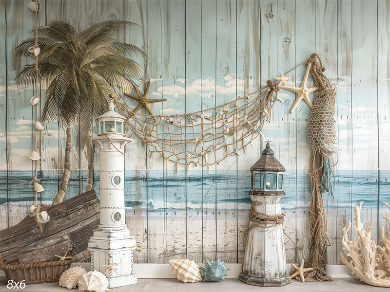 A coastal-themed photography backdrop featuring a lighthouse, driftwood, and seashell decor with a beach background. Perfect for cake smash sessions.