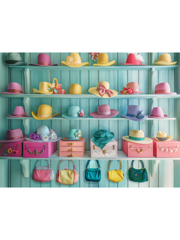 Colorful Hat and Handbag Closet Photography Backdrop - A pastel-colored closet of hats and handbags, perfect for kids' playful and fashion-themed photoshoots.