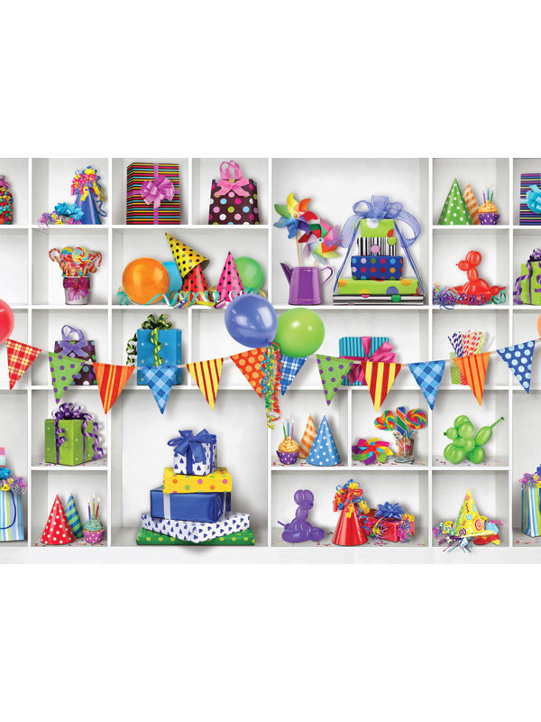 Colorful Party Celebration Backdrop - Vibrant party scene backdrop with colorful balloons, gift boxes, party hats, and bunting on white shelves, perfect for cake smash and festive photoshoots.