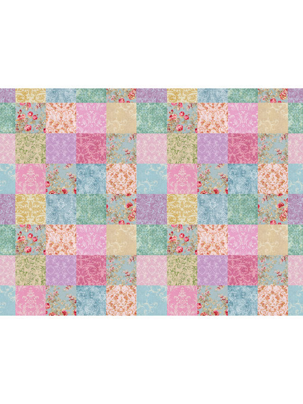 Colorful Patchwork Quilt Cake Smash Photography Backdrop - Multicolored patchwork quilt pattern with floral and damask designs in pastel shades.