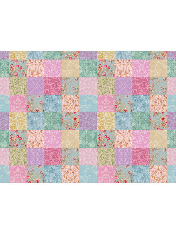 Colorful Patchwork Quilt Cake Smash Photography Backdrop - Multicolored patchwork quilt pattern with floral and damask designs in pastel shades.