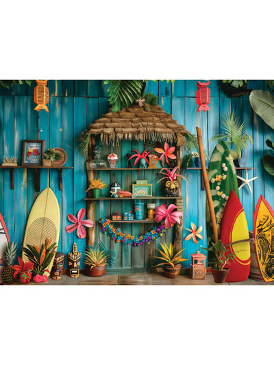 Colorful Tiki Toy Room Cake Smash Photography Backdrop - Rustic tiki toy room backdrop with colorful wooden toys, perfect for kids' cake smash photoshoots.