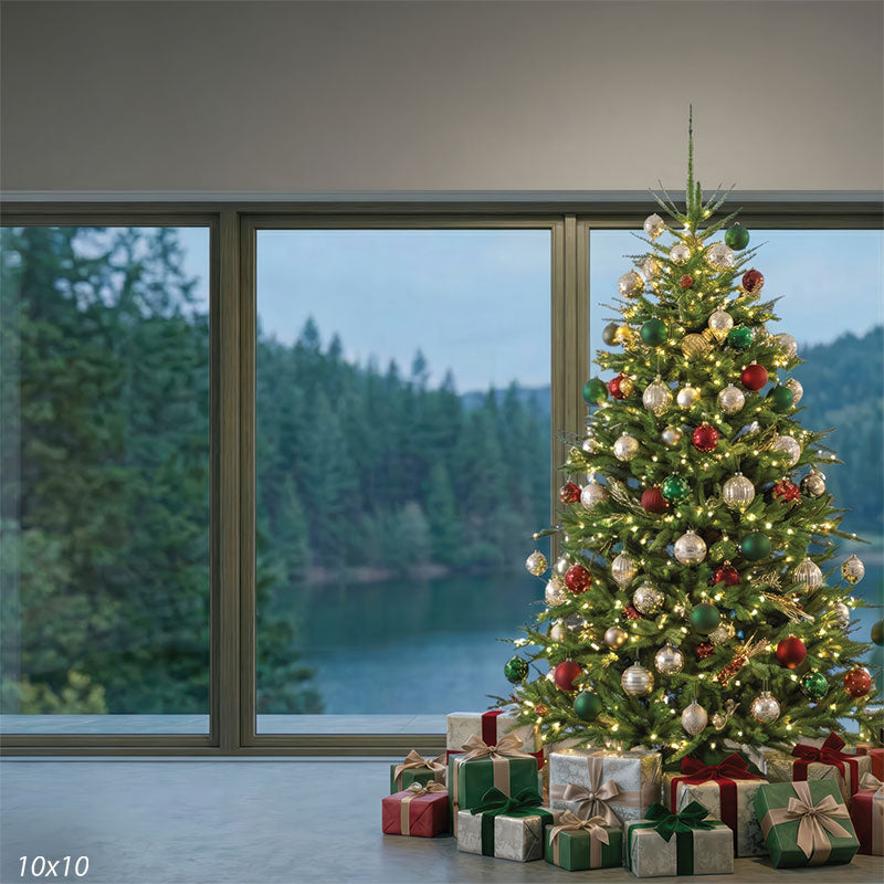 Contemporary room large windows forest lake view Christmas tree backdrop CP-8909