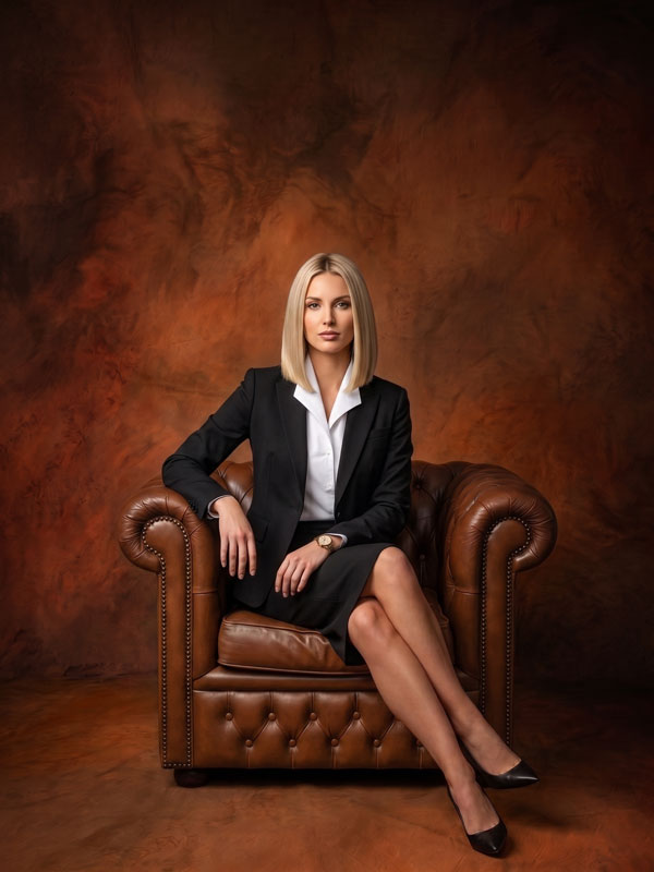 Copper Field rust copper texture photography backdrop shown behind a woman in a black suit seated in a leather armchair CP-8984