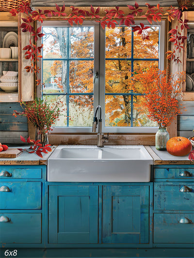 Cozy Autumn Kitchen Photography Backdrop - Photography backdrop featuring a rustic autumn kitchen with blue cabinets, a farmhouse sink, and a window view of fall foliage.