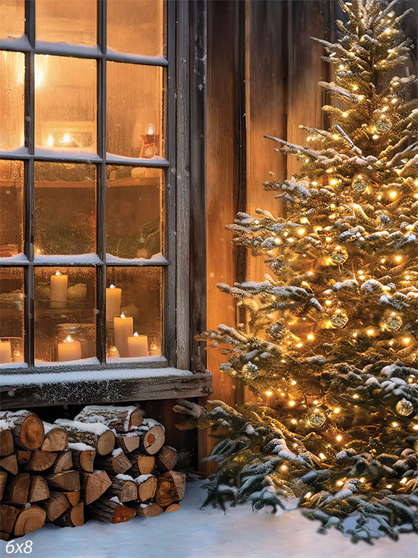 Cozy Christmas Evening Backdrop - A beautifully lit Christmas tree stands outside next to a snow-dusted window. Through the window, a warm, inviting interior is visible with numerous candles on the windowsill. A stack of firewood lies beneath the window, enhancing the cozy holiday scene.